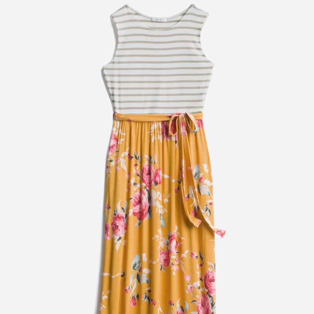 Lux & Co, Brooke 2fer Knit Maxi Dress, Mustard, Floral Print Maxi Dress